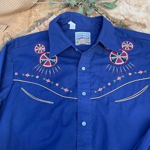 Rocking K Ranchwear Western Embroidery pearlsnap shirt size L Blue Cotton